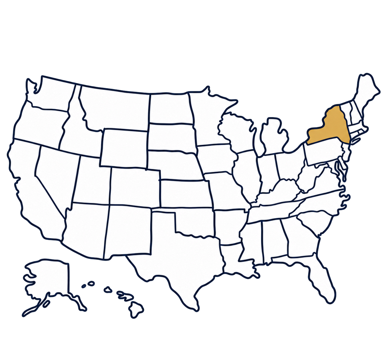 Map of the United States showing coverage available in 49 states and New York not currently available